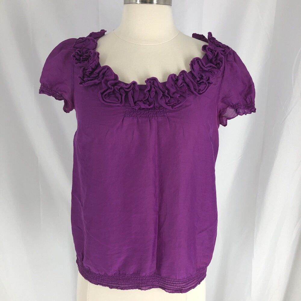 LOFT Purple Solid Ruffle Short Sleeve Blouse Top Petite SP